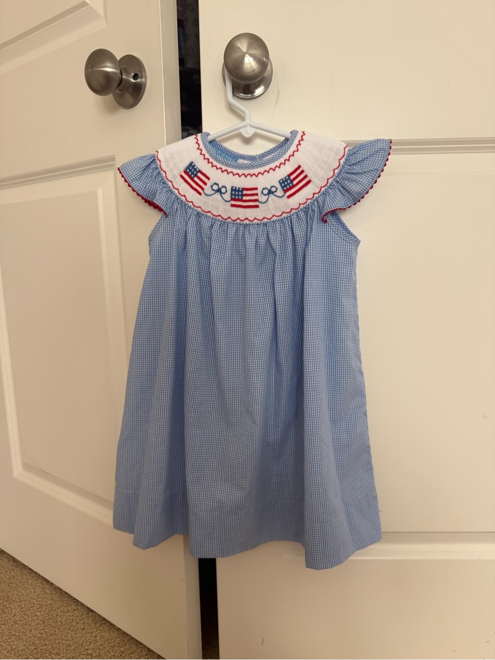 Anavini Blue Gingham Girls' Smocked Dress with Flag Embroidery